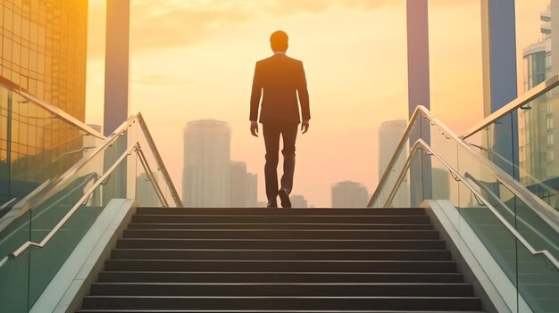 A man walking up stairs