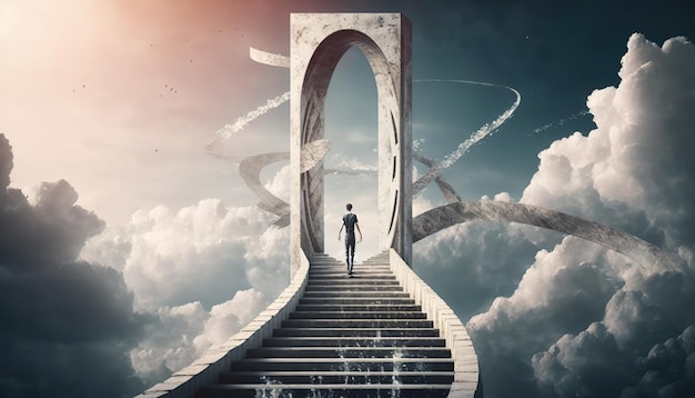 A man walking up a stairway to heaven