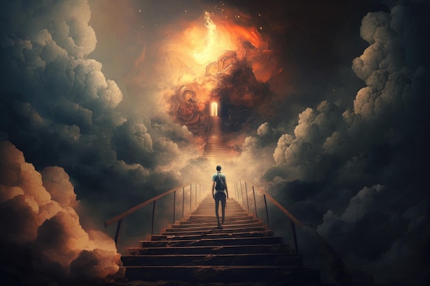 A man walking up a stairway with a fireball in the sky