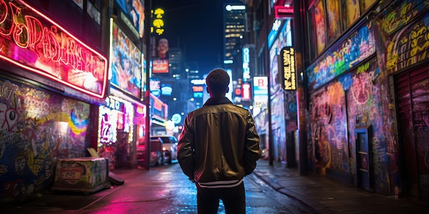 Man Walking in Vibrant Neon City