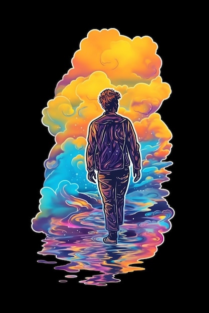 a man walking in the water with a colorful sky background generative ai