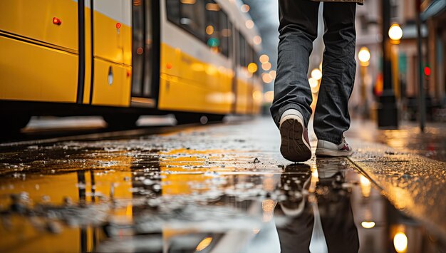 Man walking on wet street with tram in background