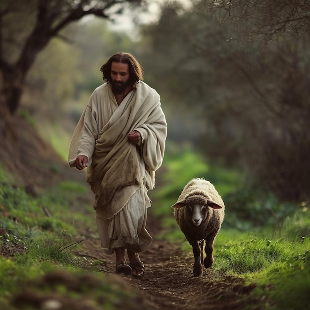 a man walking with a sheep