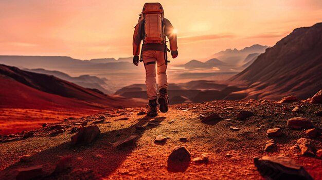 A man walks across a barren landscape with a planet in the background.