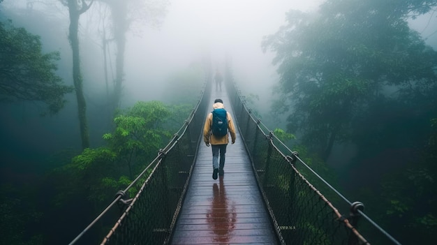 A man walks across a bridge in the fog.