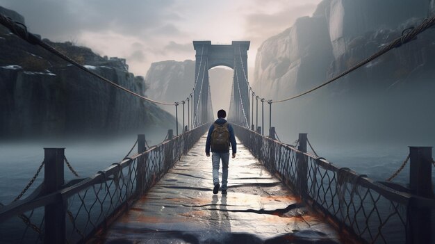 Foto un uomo attraversa un ponte con uno zaino sulla schiena