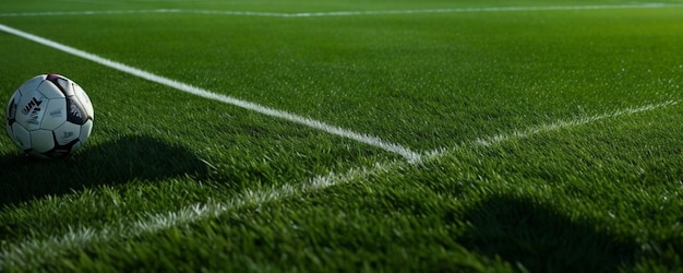 A man walks across a soccer field with a white line on the grass.