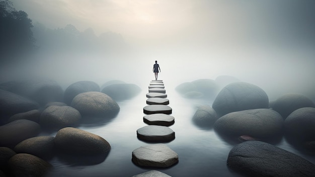 a man walks across a stone path with a man standing on it.