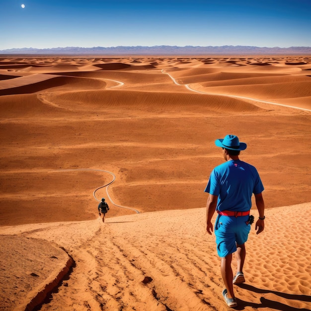 砂漠の風景を背景に男が歩いている