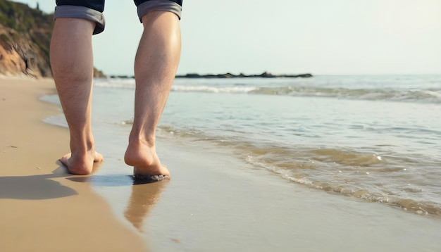 a man walks along the beach with his feet in the water