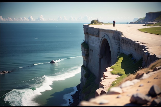 A man walks along a cliff with a bridge in the background