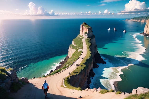 A man walks along a cliff with the ocean in the background.