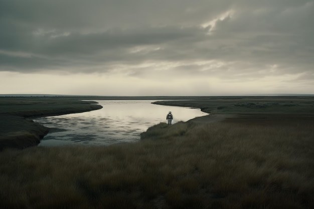 A man walks along a river in iceland.