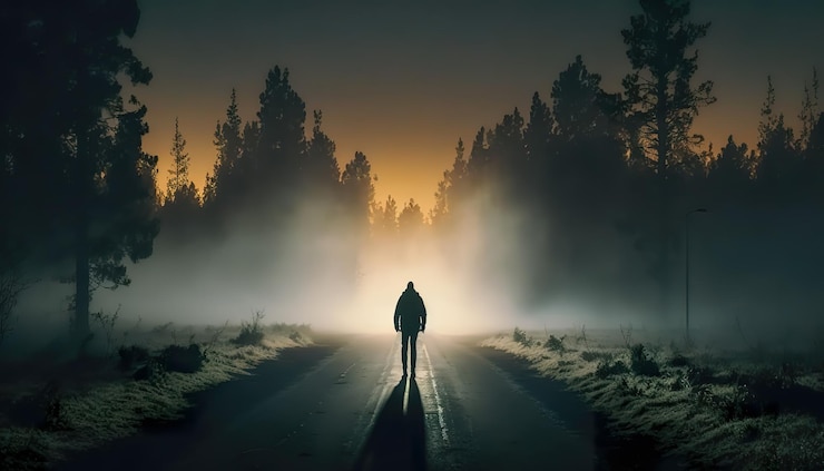 Photo a man walks along the road in the forest in the fog view from the back generative al
