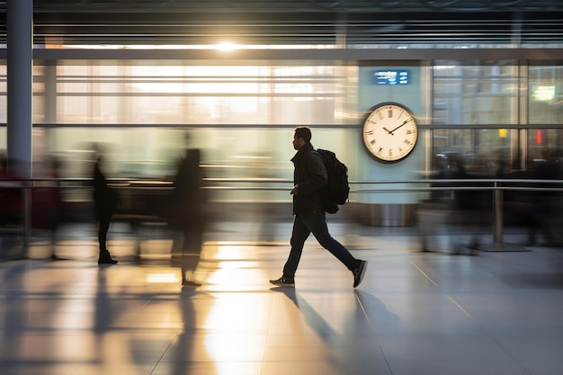 Foto l'uomo cammina lungo il territorio della stazione sfocato sullo sfondo in movimento