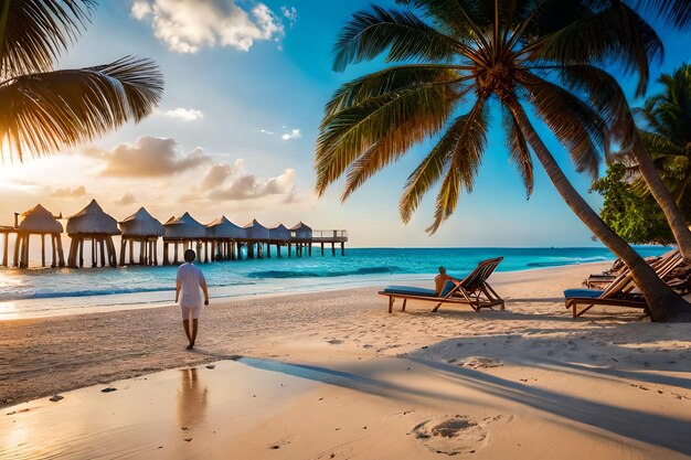 A man walks on the beach in front of a palm tree