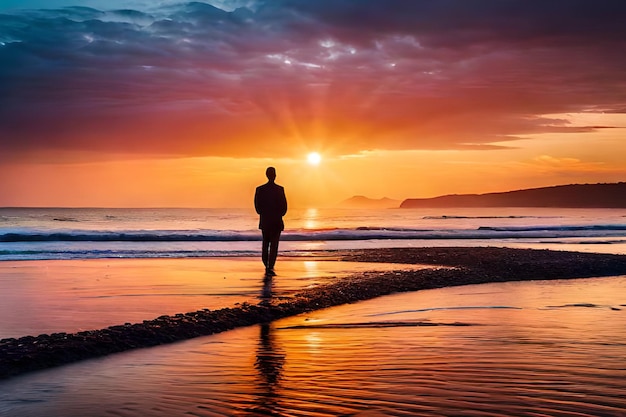 A man walks on the beach at sunset.