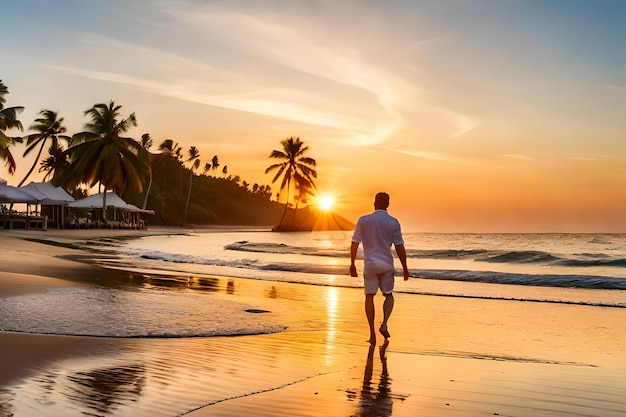 A man walks on a beach at sunset