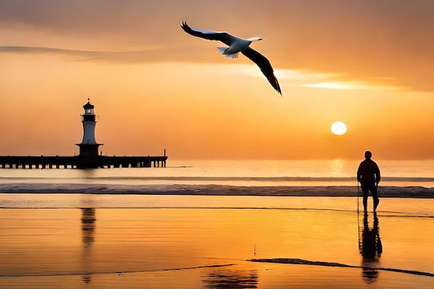 a man walks on the beach with a bird flying in the sky.