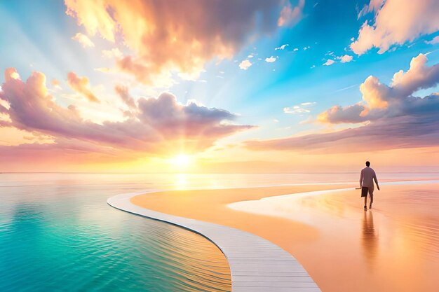 A man walks on a beach with a sunset in the background