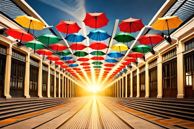 A man walks on a boardwalk with colorful umbrellas in the background