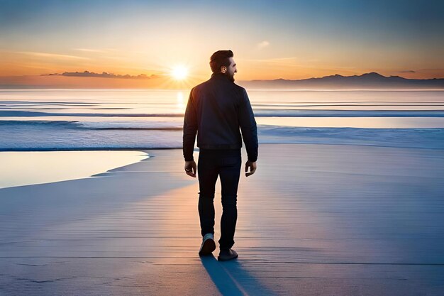 Photo a man walks on a bridge in the sunset.