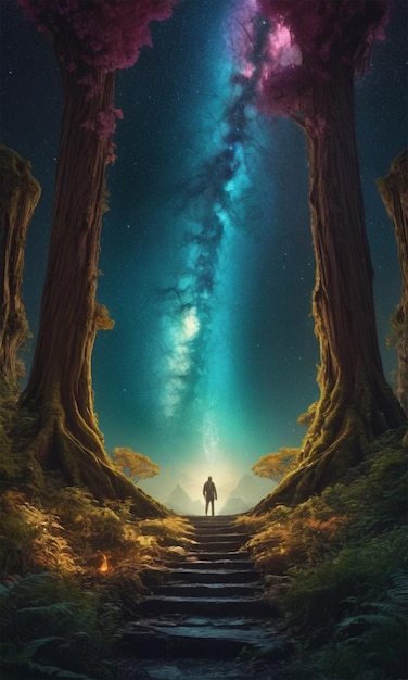 Photo a man walks in a dark forest under the stars