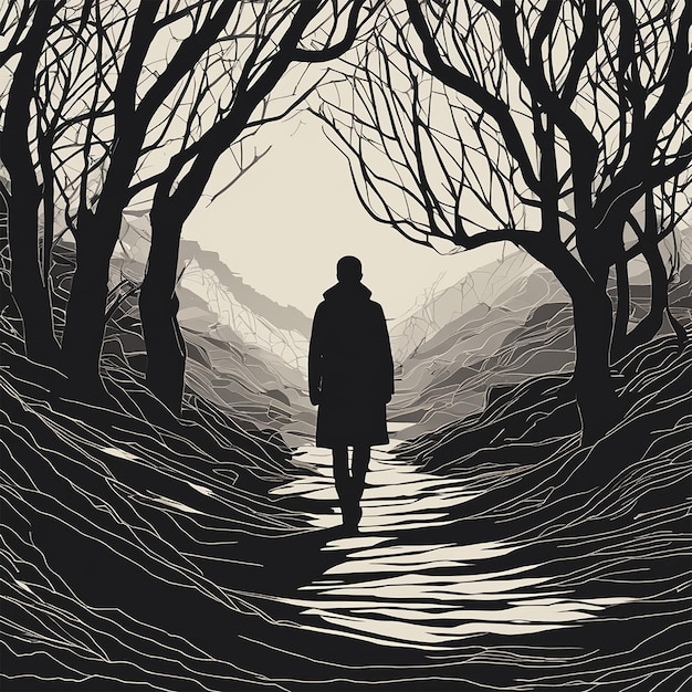 a man walks in a dark forest with a long shadow.