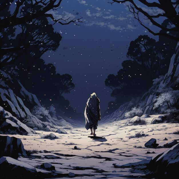 a man walks in a dark forest with a star lit sky.