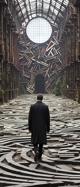 Photo a man walks in a dark room with a large wooden door in the middle