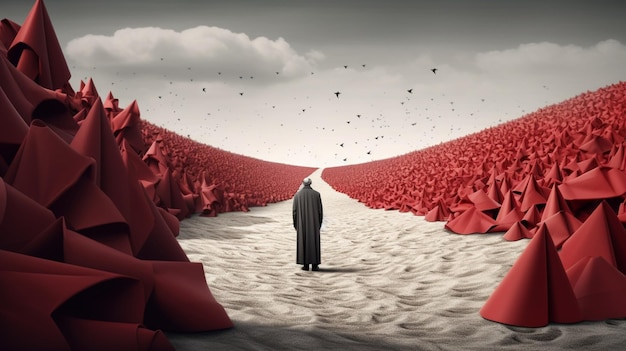 A man walks on a desert road with bags of red bags in the background.