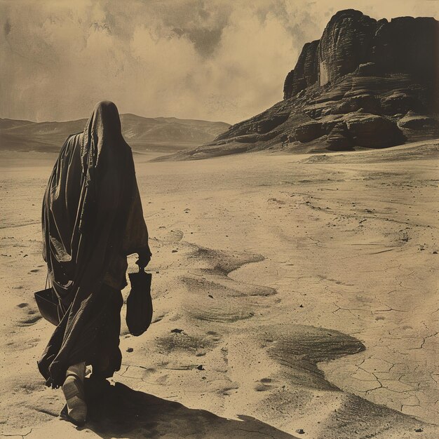 a man walks in the desert with a mountain in the background