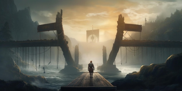 A man walks on a dock in the middle of a foggy sunset.