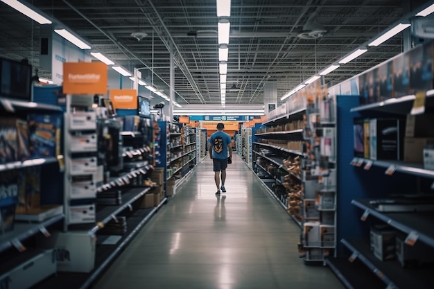 A man walks down a aisle in a store with a sign that says home depot.