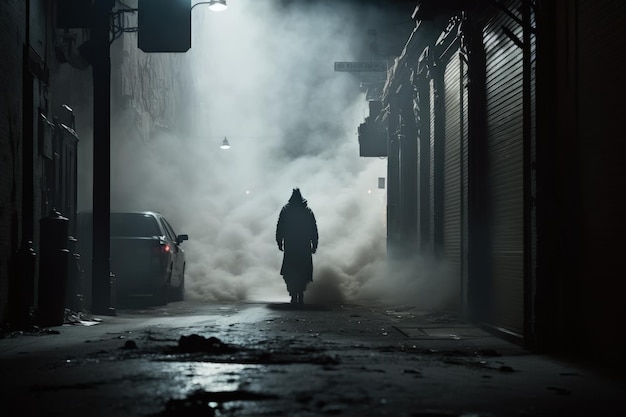 A man walks down a dark alley with smoke coming out of his mouth.