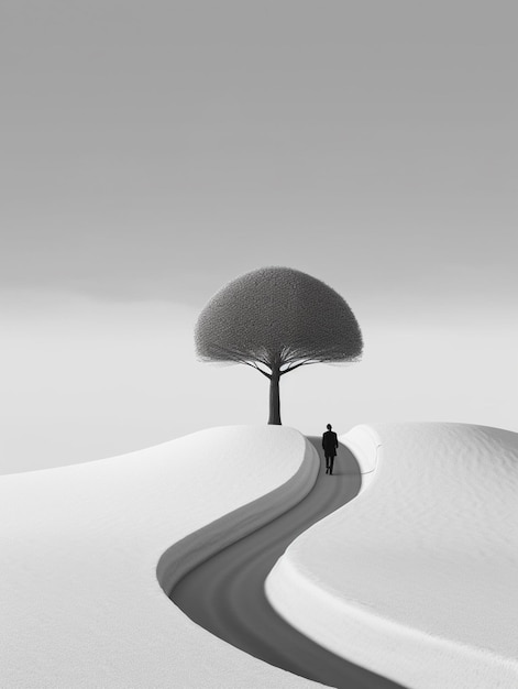 A man walks down a desert road with a tree on the left side.