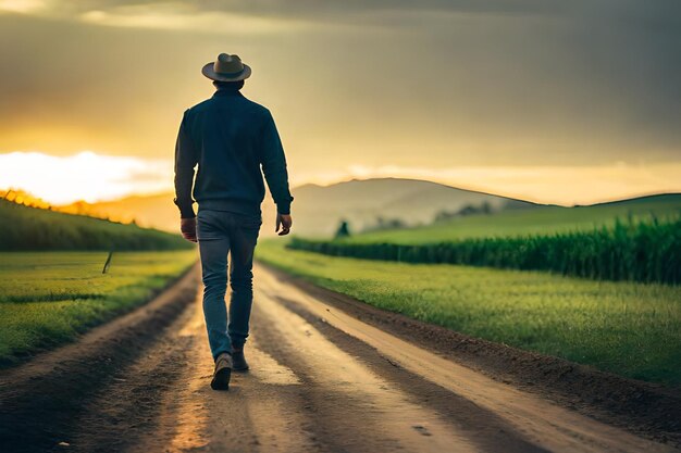 Photo a man walks down a dirt road towards the sunset