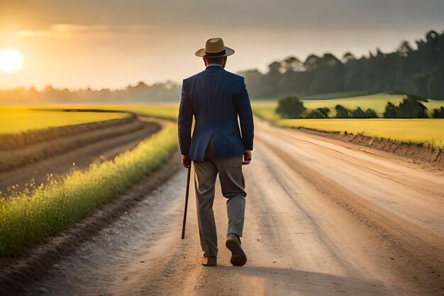 a man walks down a dirt road with a cane