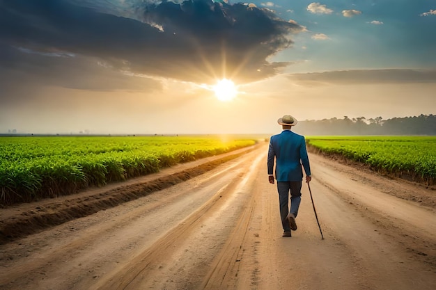 Photo a man walks down a dirt road with a cane