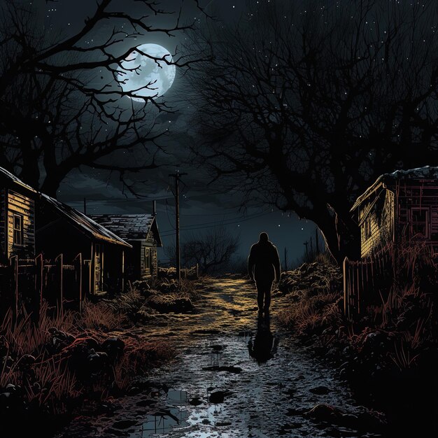 a man walks down a dirt road with a full moon in the background