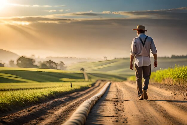 Photo a man walks down a dirt road with a hat on