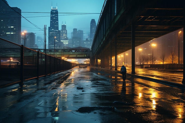 A man walks down an empty street in front of a skyscraper.