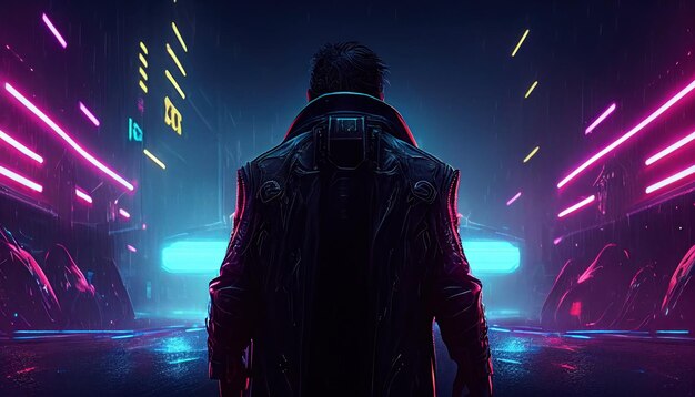 A man walks down the highway in neon cyberpunk style by Generative AI