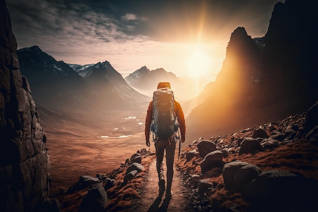 A man walks down a mountain with a backpack on his back.