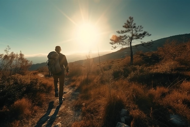 A man walks down a mountain with a backpack on his back.