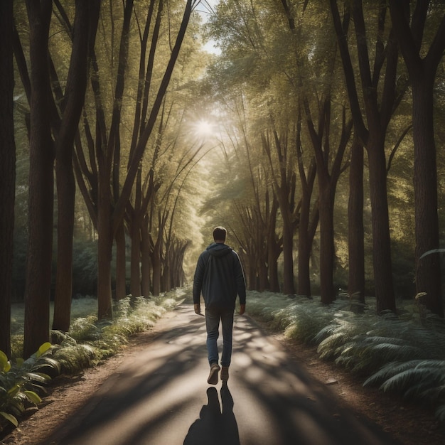 A man walks down a path in a forest with the sun shining through the trees.