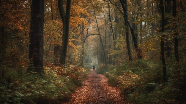 A man walks down a path in a forest with a tree in the background.