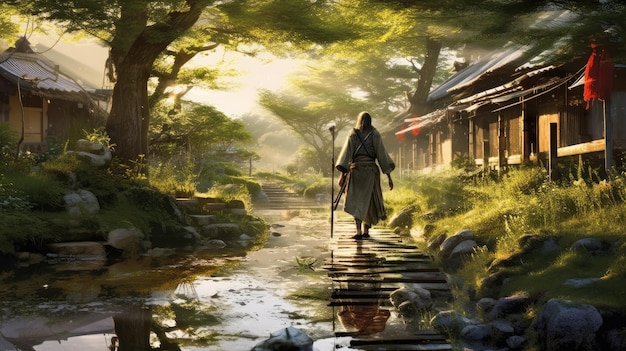 A man walks down a path in a forest.