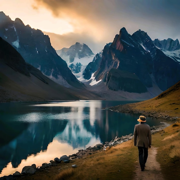 a man walks down a path in front of a mountain with mountains in the background