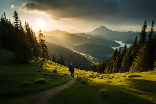 a man walks down a path in the mountains at sunset.